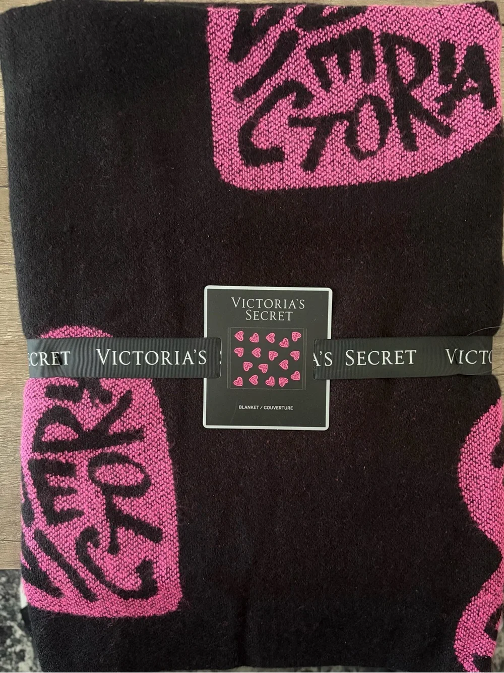 Victoria's Secret Black & Hot Pink Logo Blanket 50inX60in